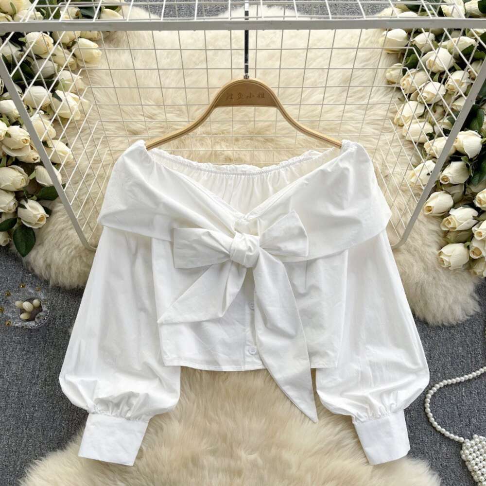 French light luxury style with a sense of luxury one shoulder shirt womens bow lantern sleeves short design niche temperament top