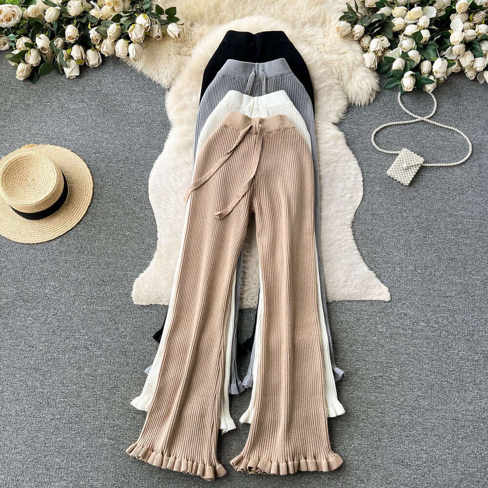Minimalist and high-end knitted casual pants for women in autumn high waisted and slim with tassels design straight tube and draped floor mop pants