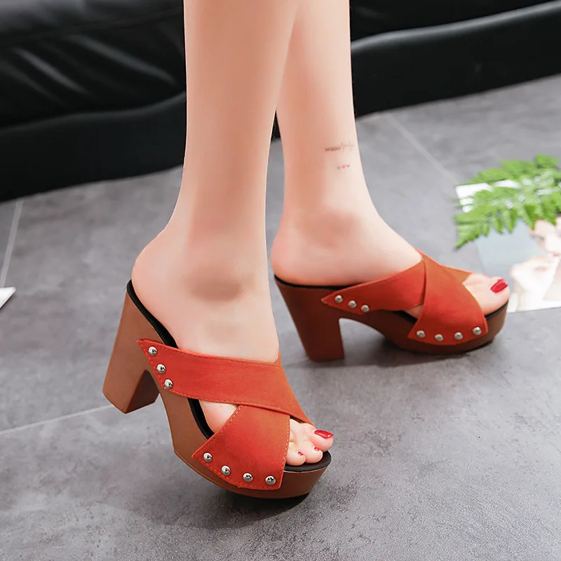 Fashion Slippers Fashion Rivets Open Toe Trendy Women Shoes Thick Heels Middle Heels Womens Slippers Plus Size 240606