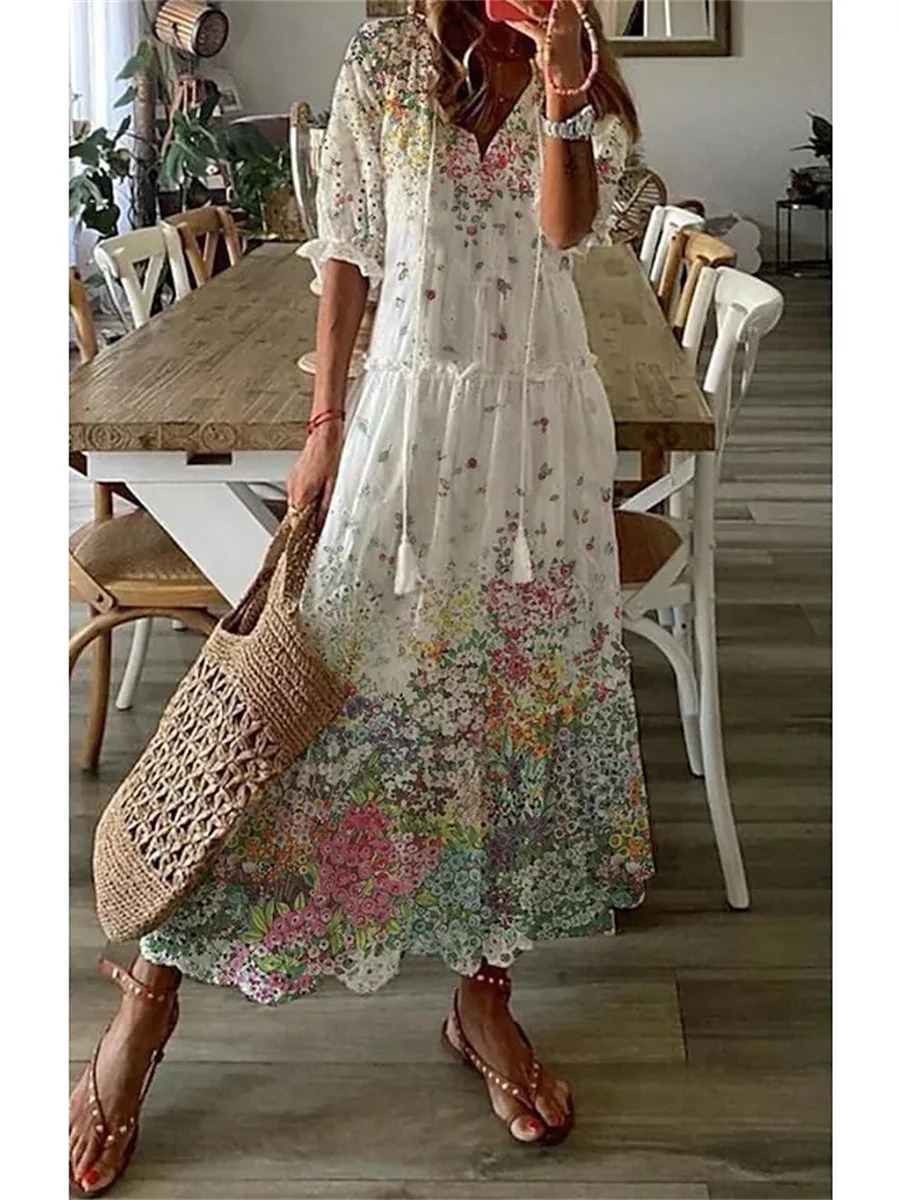 Women Elegant Boho Printing Long Dress Casual Half Sleeve V Neck Loose Maxi Dress Female Holiday Beach Sundress Tie Up Vestidos 240529