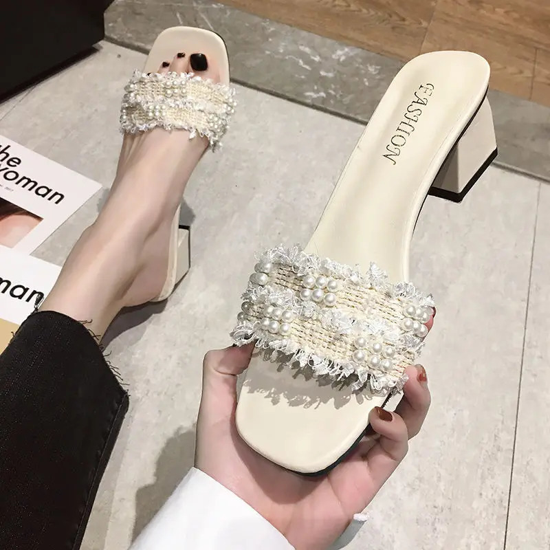 Summer White Crystal Shoes Rhinestone Slippers Work Jewelry Womens Slippers and Womens Sandals Up to 5cm High Heel Sexy Shoes I 240606