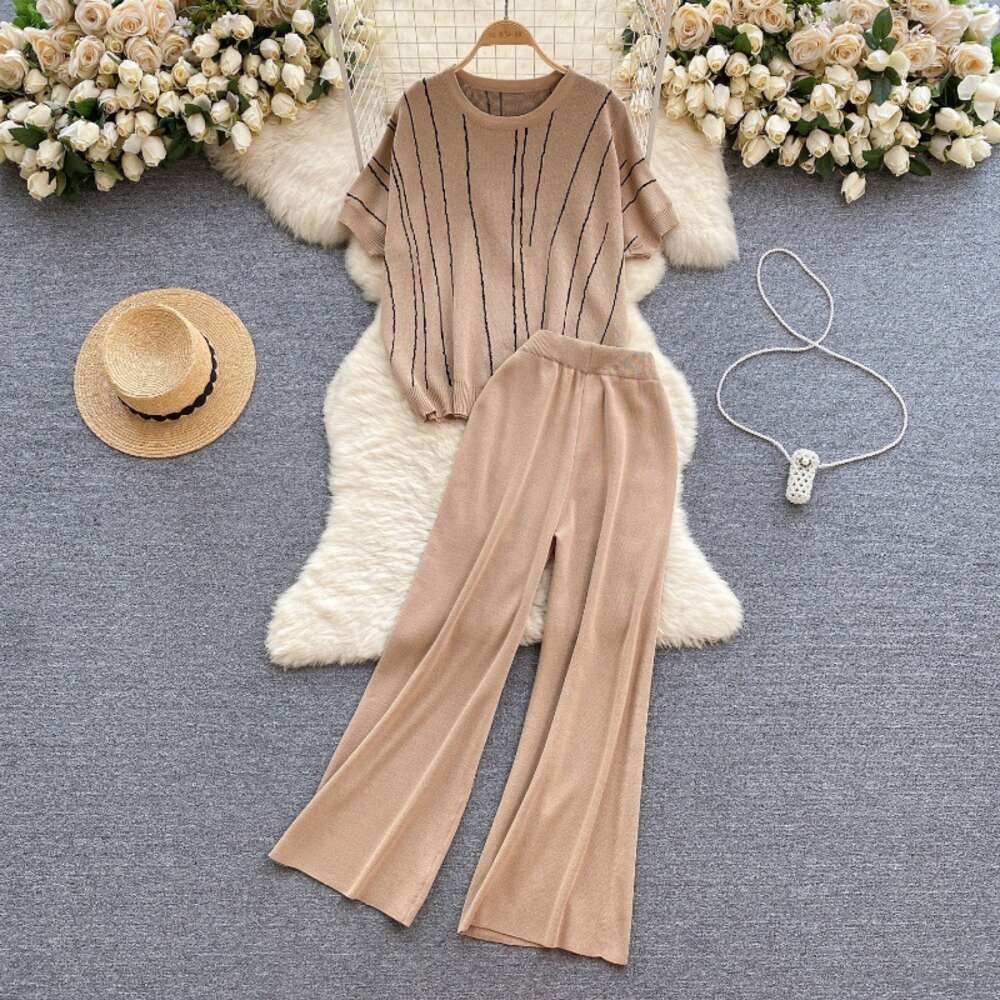 Korean version of womens clothing design with striped knit top loose coverage slimming effect high waisted wide leg pants fashionable two-piece set