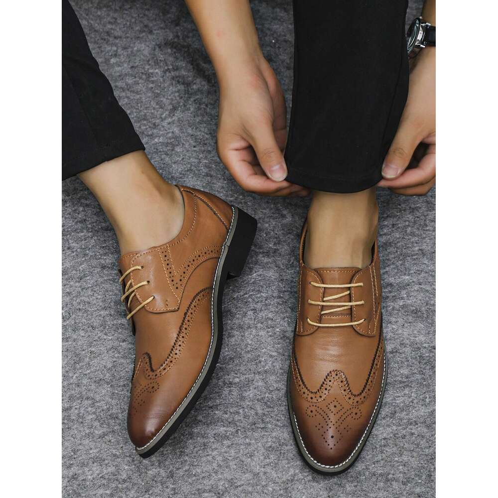 S Formal Men Block Carving Solid Color Pointed Toe Low Cut Lace Up Heel Shoes Banquet Style Middle Aged Business Pu Leather For All Seasons Ddmysaturn