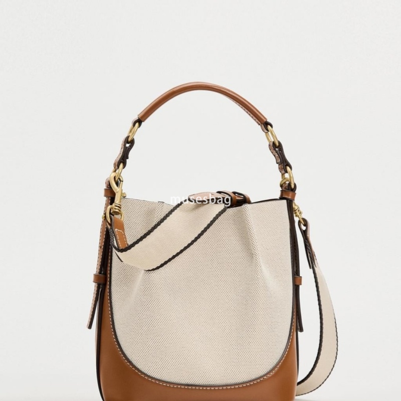 New Fashionable Brown Single Shoulder Bag Korean Edition Band Mouth Handheld Shoulder Bag Wide Shoulder Strap Band Mouth Water Bucket Bag