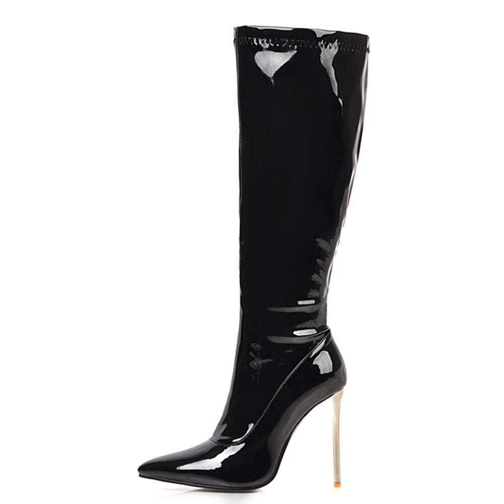 Women Boots Zipper Black Red White Knee High Boot Sexy Heels Patent Women's Autumn Winter Dance Shoes Large Size 45 48