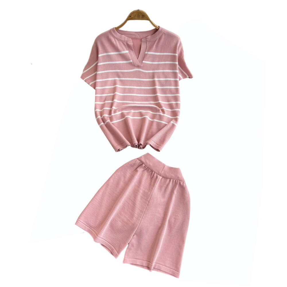 2024 Summer New French Style Striped Knitted Shirt Fashion Casual Small Wide Leg Shorts Two piece Set for Women