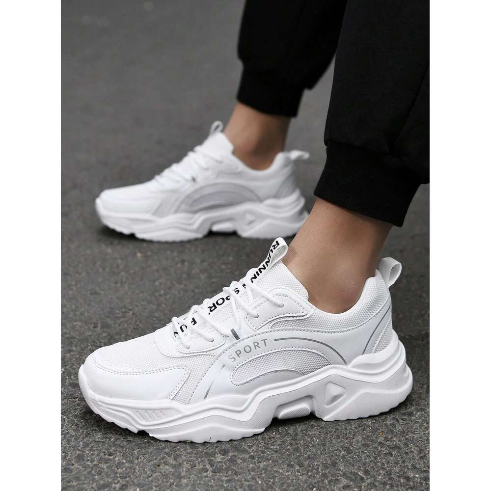 Men's Fashionable Breathable Slip Resistant Low Top Sneakers With Lace Up, Solid Color, Comfortable And Durable, Chunky Sneakers, Casual Shoes