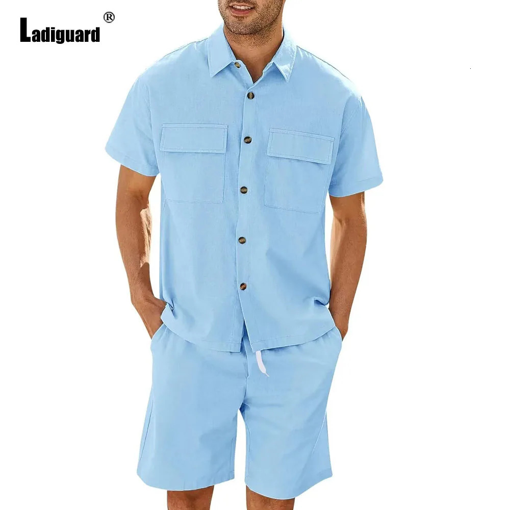Mens Stand Pocket Casual Linen Two Piece Sets European Style Vintage Cargo Blouse and Shorts Suit Men Beach Tracksuits Set 240530