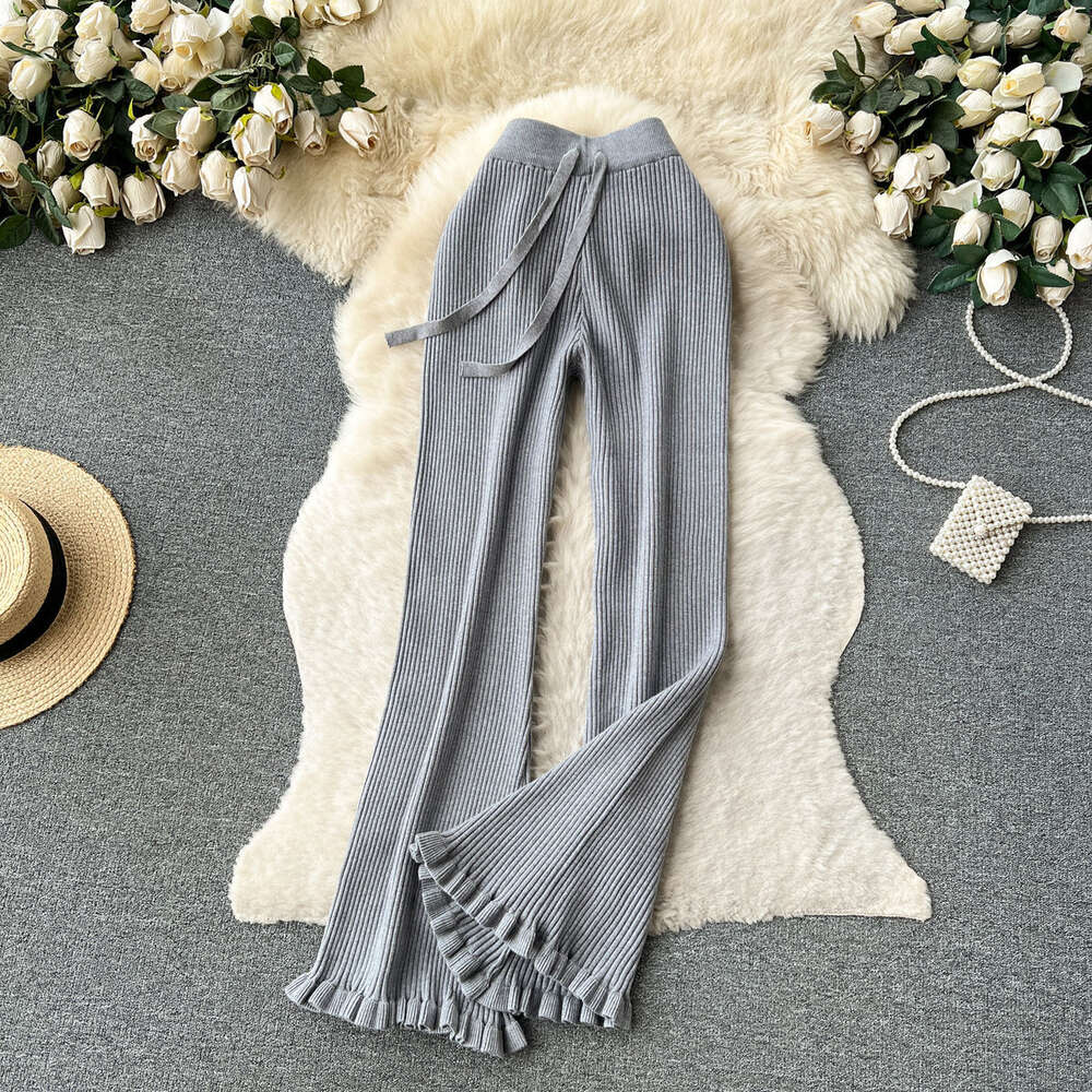Minimalist and high-end knitted casual pants for women in autumn high waisted and slim with tassels design straight tube and draped floor mop pants