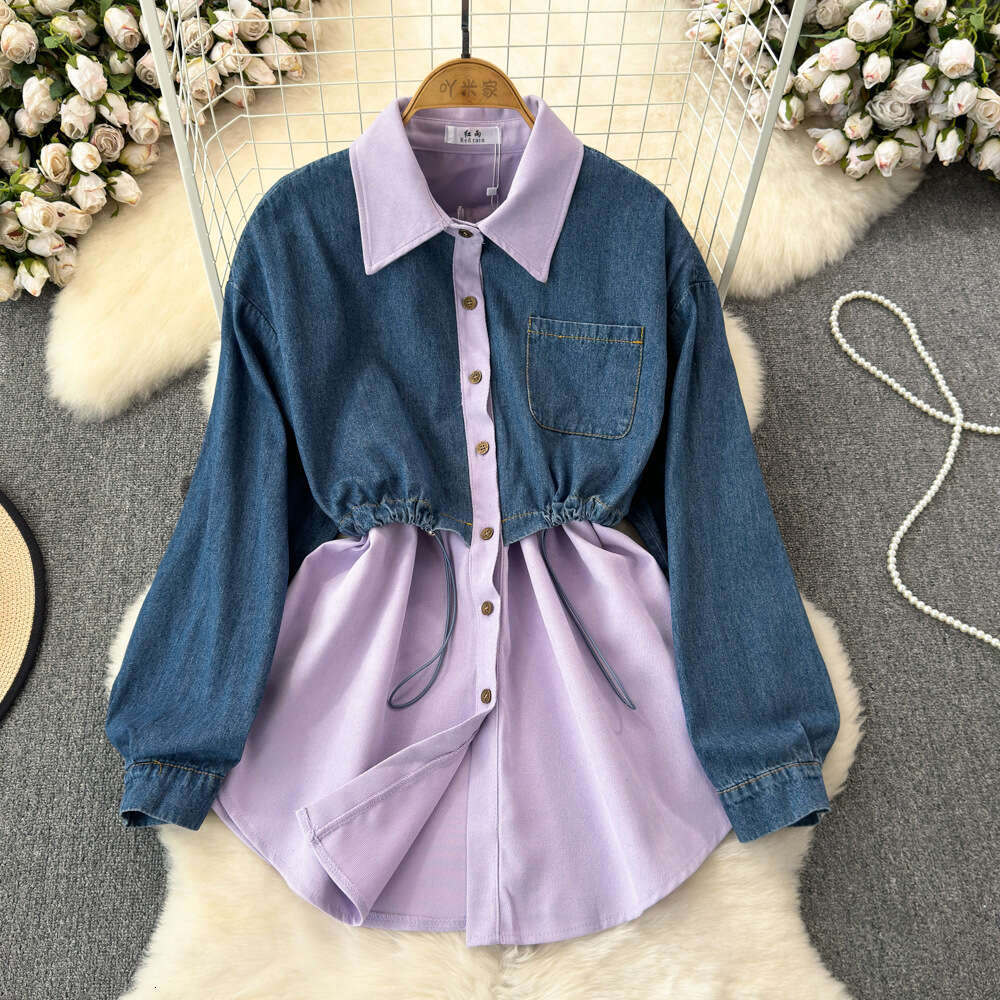 2024 Spring and Autumn Korean version fake two-piece long sleeved denim patchwork lapel waist tied shirt womens casual and stylish top