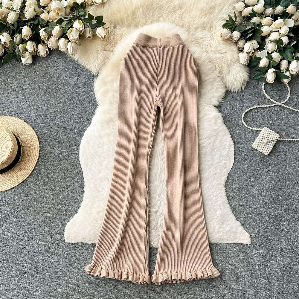 Minimalist and high-end knitted casual pants for women in autumn high waisted and slim with tassels design straight tube and draped floor mop pants