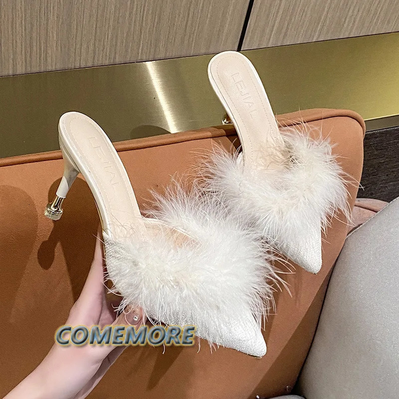 2024 Womens Sandals Sexy Fur Summer Elegant High Heel Pump Womens Shoes Wedding Party Large Fashion Slide 240606