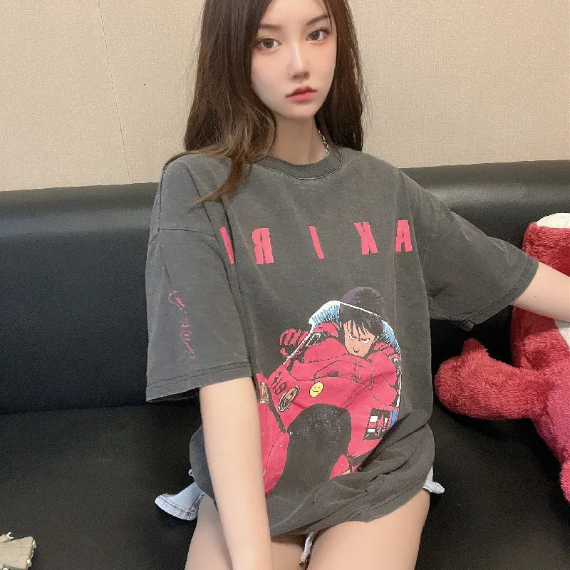 Harajuku Streetwear Washed T-Shirt Japanese Anime Girl Graphic Short Sleeve Vintage Tees 240601