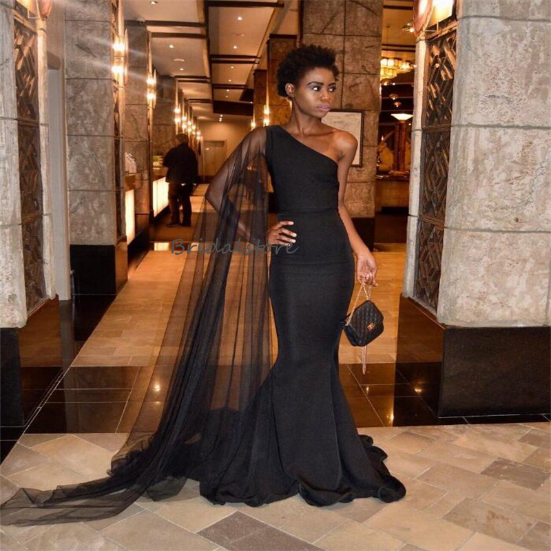 Chic Black One Shoulder Prom Dresses For Black Women Elegant Mermaid Satin African Evening Dress Floor Length Cape Special Occasion Formal Dress Robe 