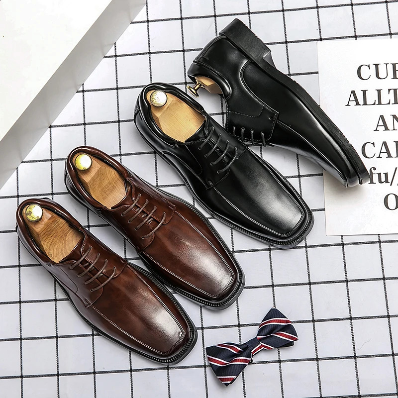 High Quality Business Men Dress Shoes Square head Male Casual Leather Shoes 2024 Lace Up Wedding Shoes Men Gentleman Derby Shoes 240606