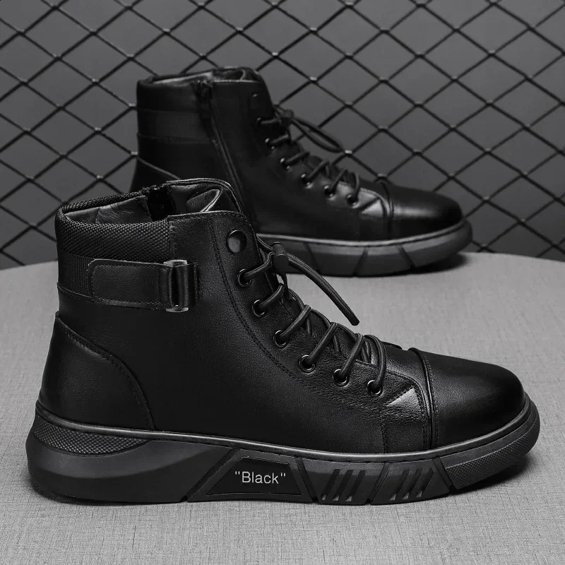 Mens Motorcycle Boots Comfortable Platform Boots Men Outdoor High Top Leather Boots Fashion Comfortable Waterproof Men Shoes 240607