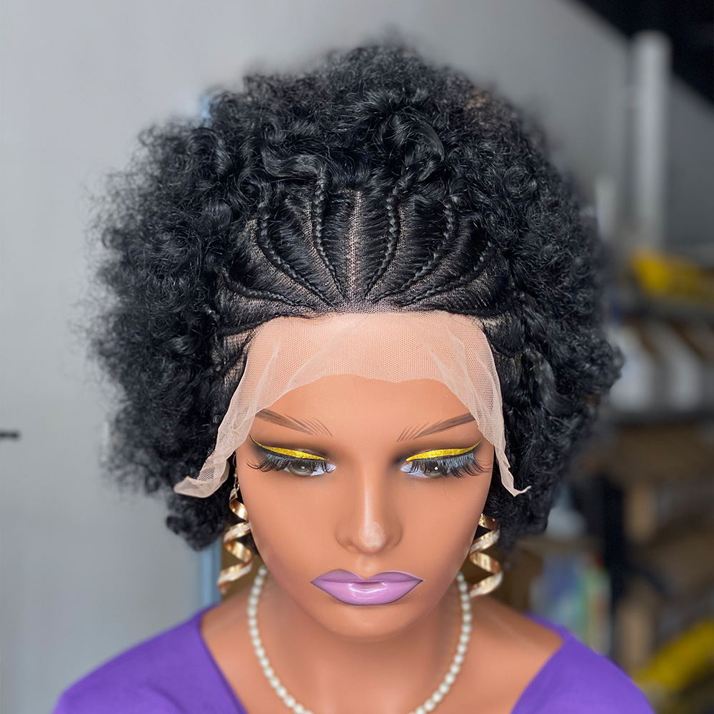 13X4 Lace Frontal Cover Braided Afro Human Natural Black 6 Inch Short Hair Curly Wig For Woman