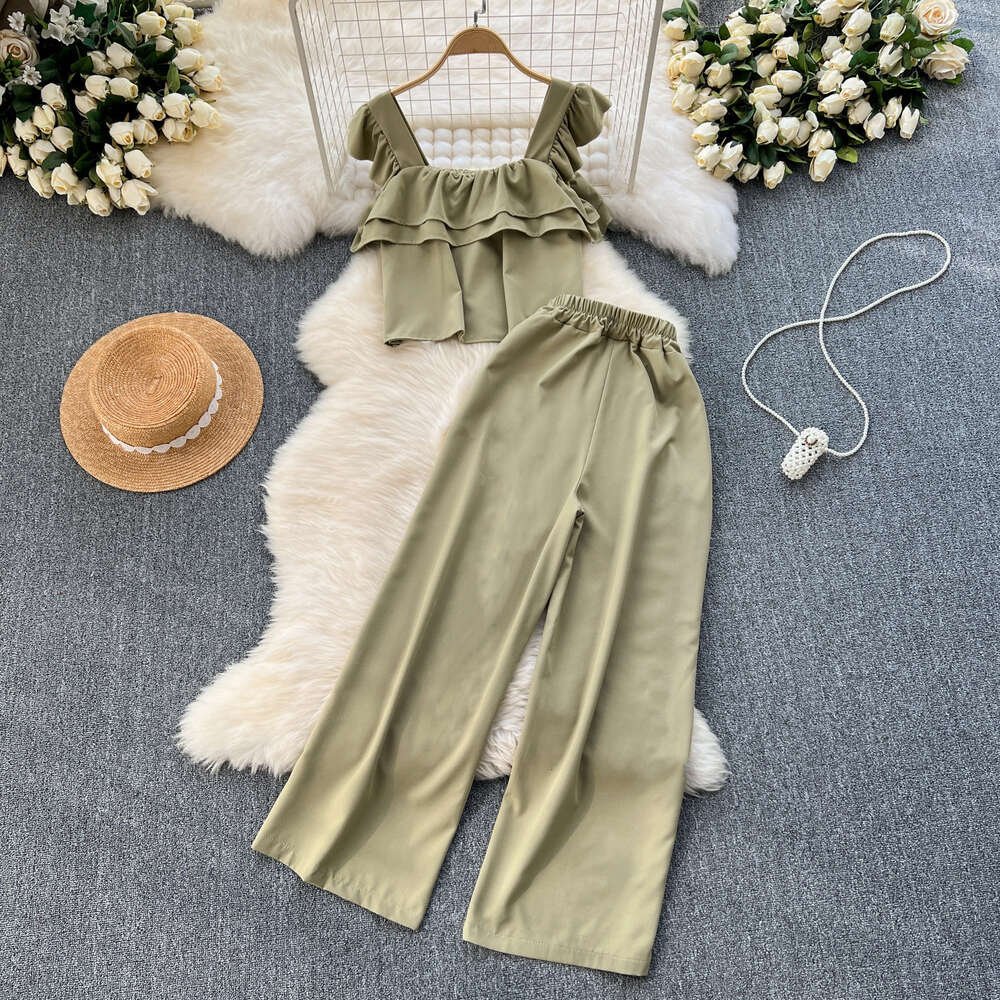 Korean style vacation style set for women with sweet flying sleeves ruffled top loose and slimming wide leg pants two-piece set
