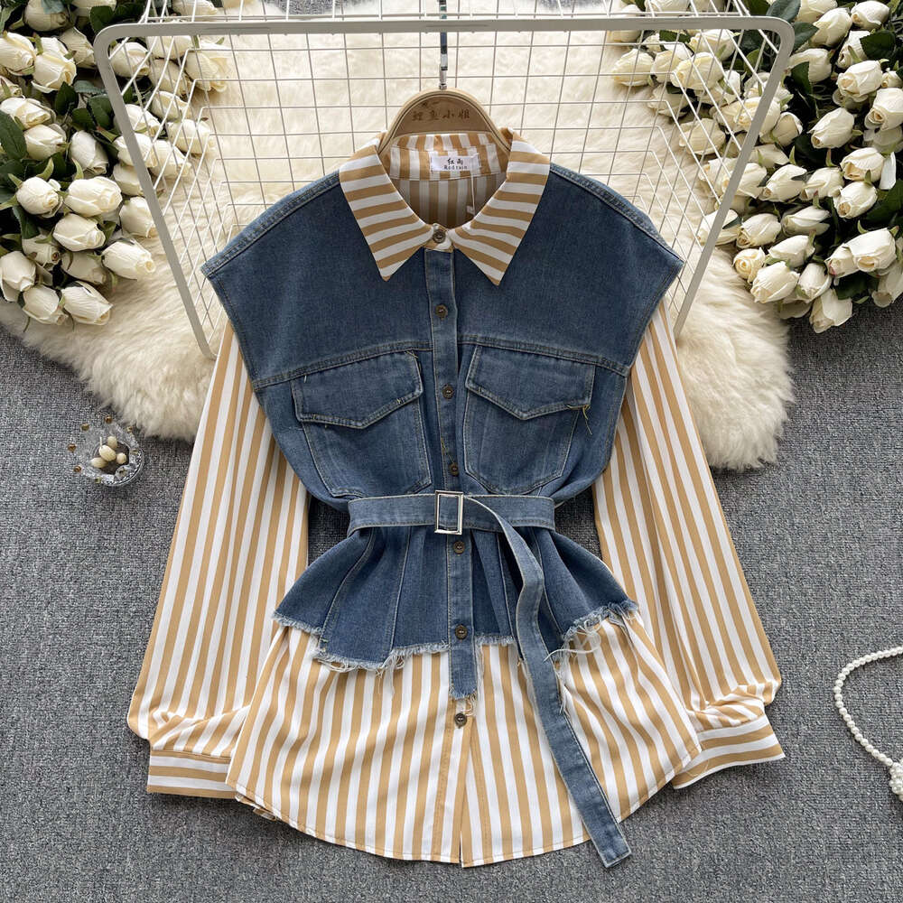 Fashionable Long Sleeve Fake Two Piece Top Womens Lace Up Waist Relaxed Loose Versatile Denim Spliced Striped Shirt