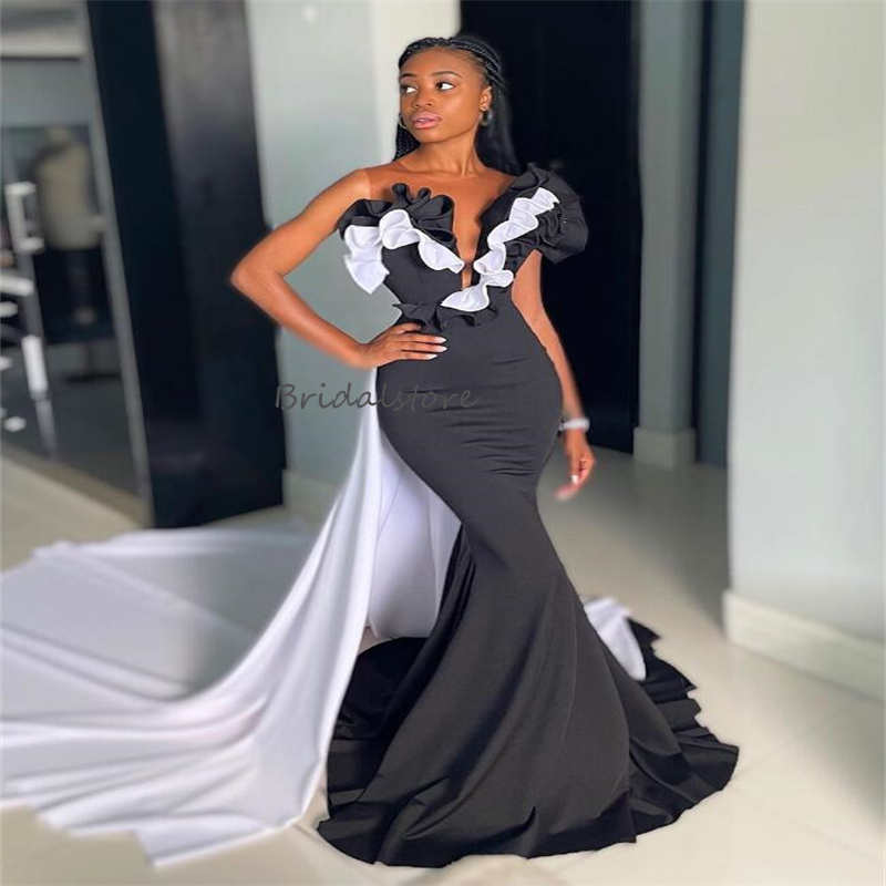 Elegant Black With White Prom Dresses With Detachable Train Black Girls Mermaid Evening Dress Ruffles Ceremony Second Party Dress 2024 Satin Special O
