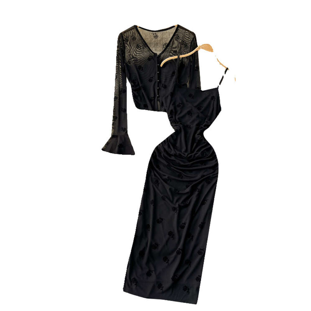 Dark style light mature rose print mesh camisole dress two-piece set for womens western-style age reducing cardigan short jacket