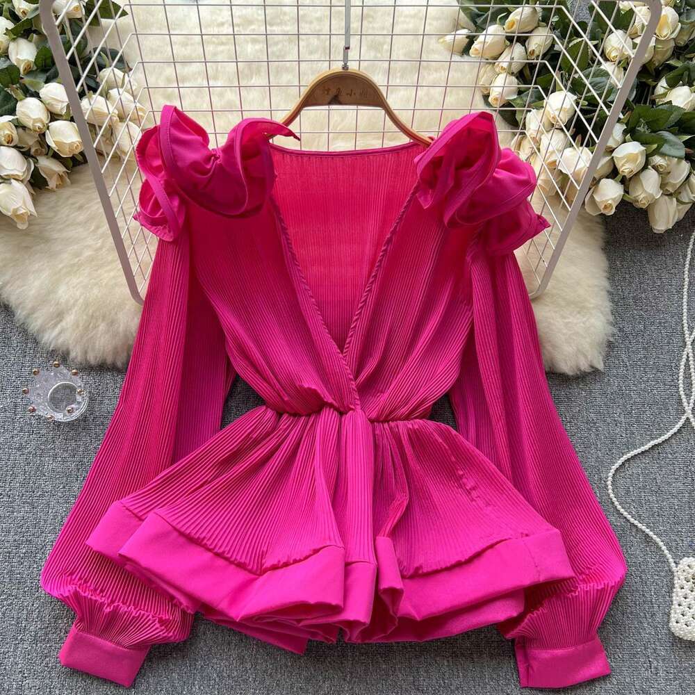 Fashionable spring and autumn new design temperament three-dimensional flower ruffle pleated V-neck pullover shirt woman