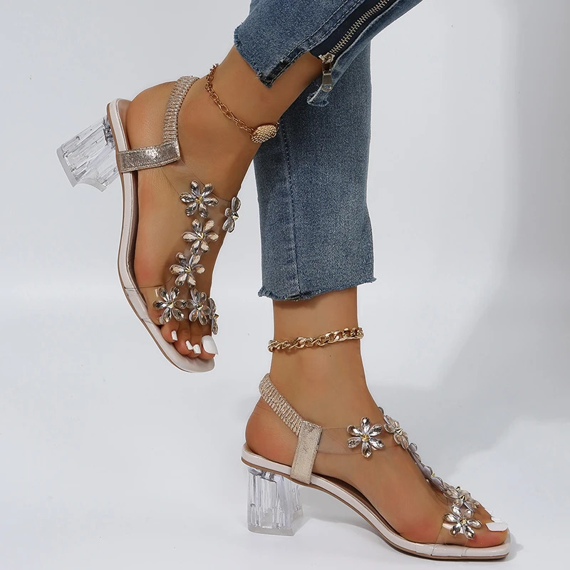 Summer women; S Sandals PVC Crystal Flower Shoes Womens Decorative Short and Fat High Heel Sandals Womens Strap Fashion Shoes 240606
