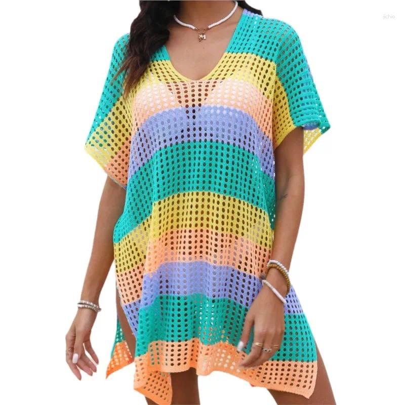 Beach Bath Exits Women Dress Swimsuit Ladies Fashion Color Stripes Hollow Shirt Stripe Polyester Swimwear Cover Up Tunic