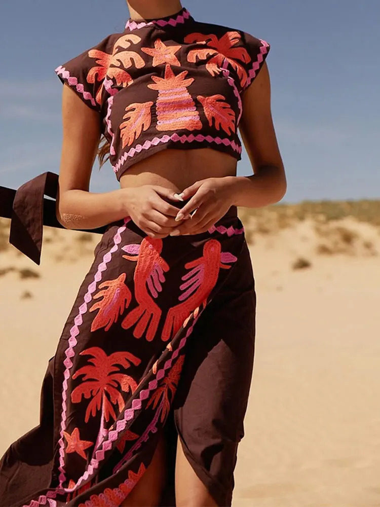 Vintage Printed Long Dress Suit Chic Round Neck Sleeveless Crop Tops High Waist Loose Dresses Set Lady Vacation Outfits 240601