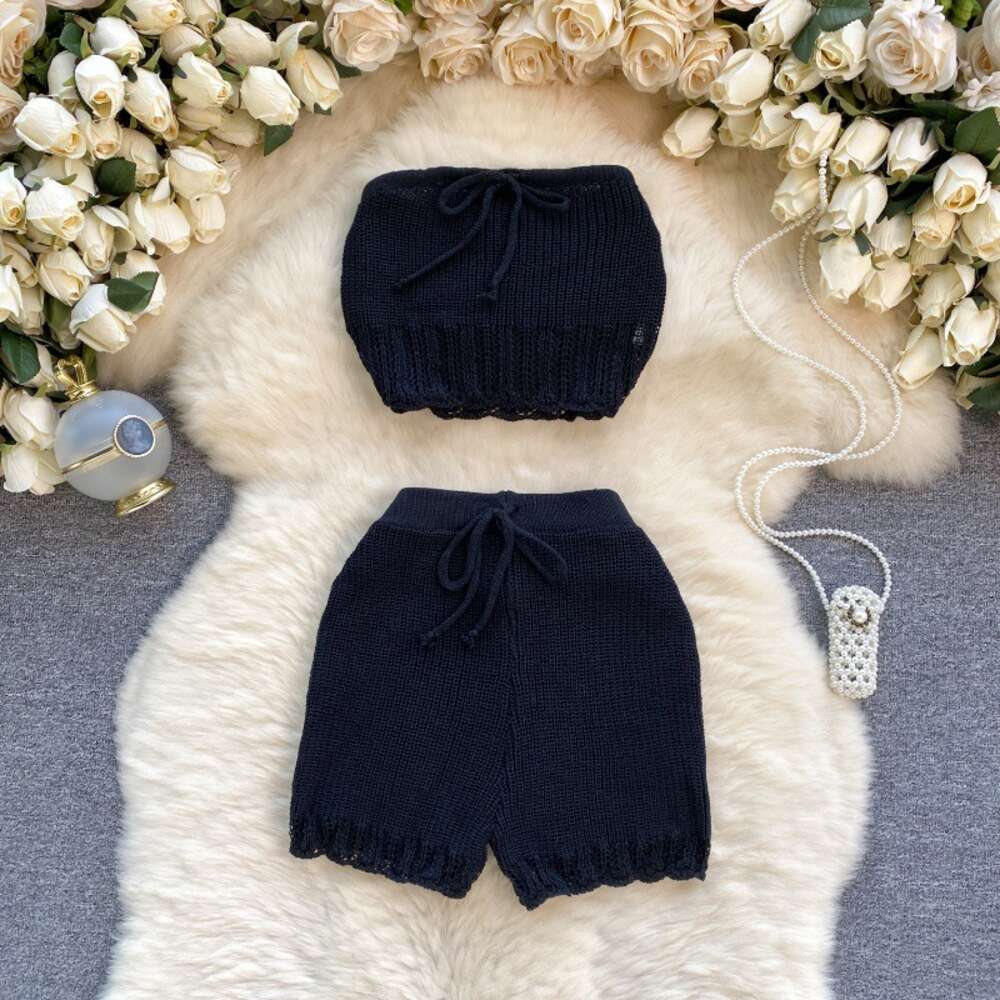 Womens Design Sensory Knitted Shirt with Bra Short Sexy and Versatile Short Spicy Girl Style Two Piece Set Trendy