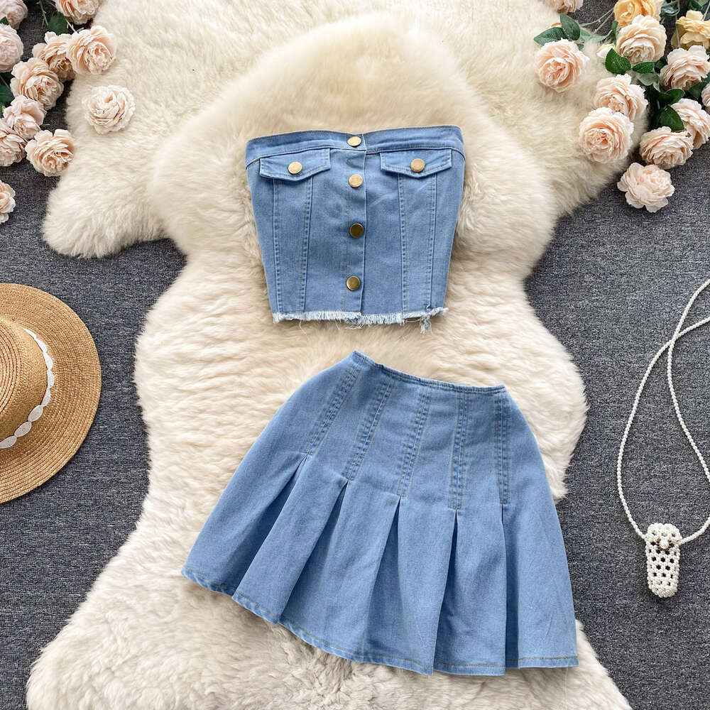 This years popular fashion set spicy girl style sexy strapless versatile short pleated skirt denim two-piece set