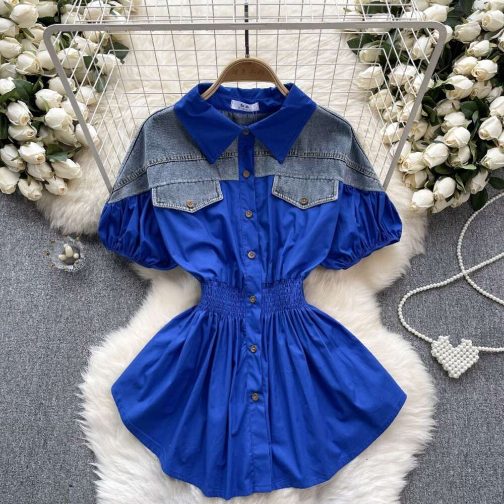 Korean version of womens clothing design with contrasting color patchwork age reducing bubble sleeves elastic waistband for slimming fashionable and v