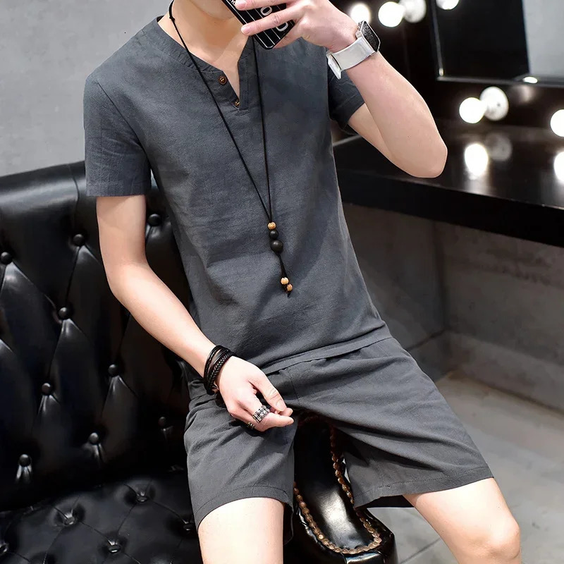 Summer Linen Short Sleeved Comfortable T-shirt for Mens Solid Color V-neck Chinese Style Fashion Casual Set 240530