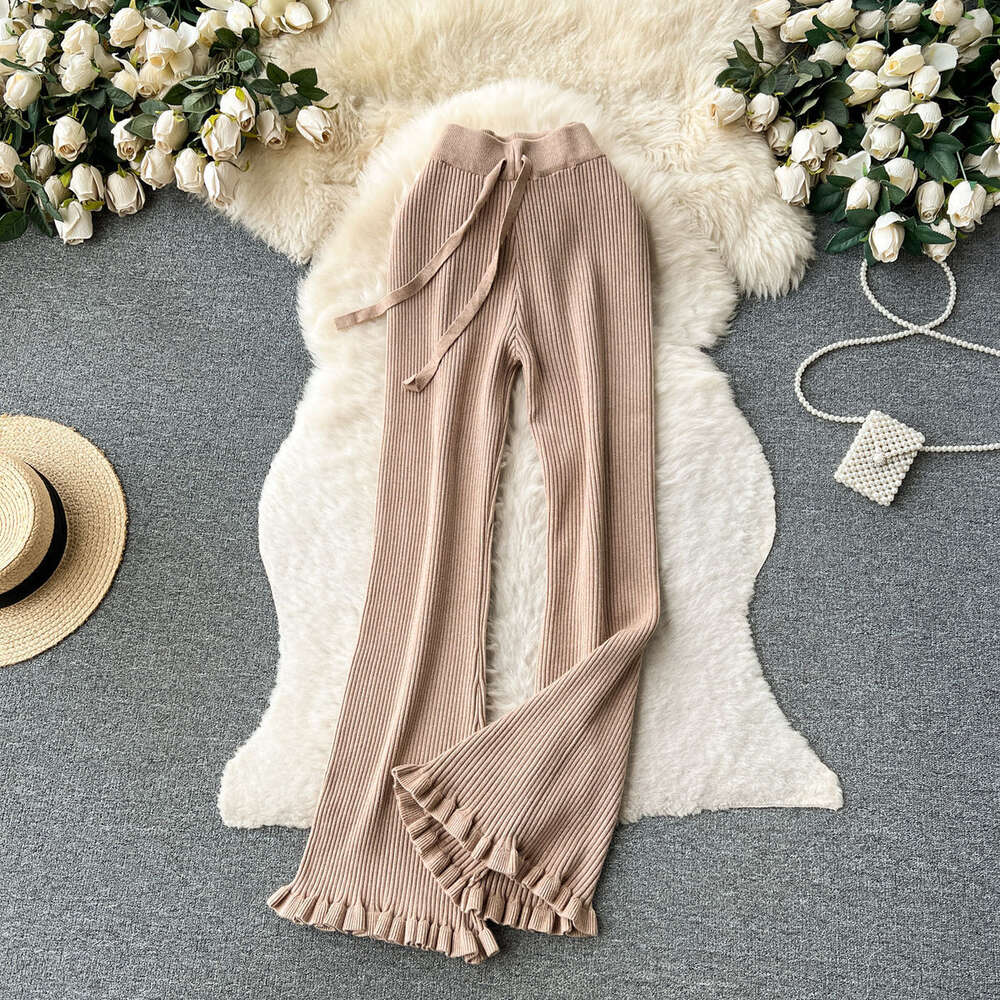 Minimalist and high-end knitted casual pants for women in autumn high waisted and slim with tassels design straight tube and draped floor mop pants
