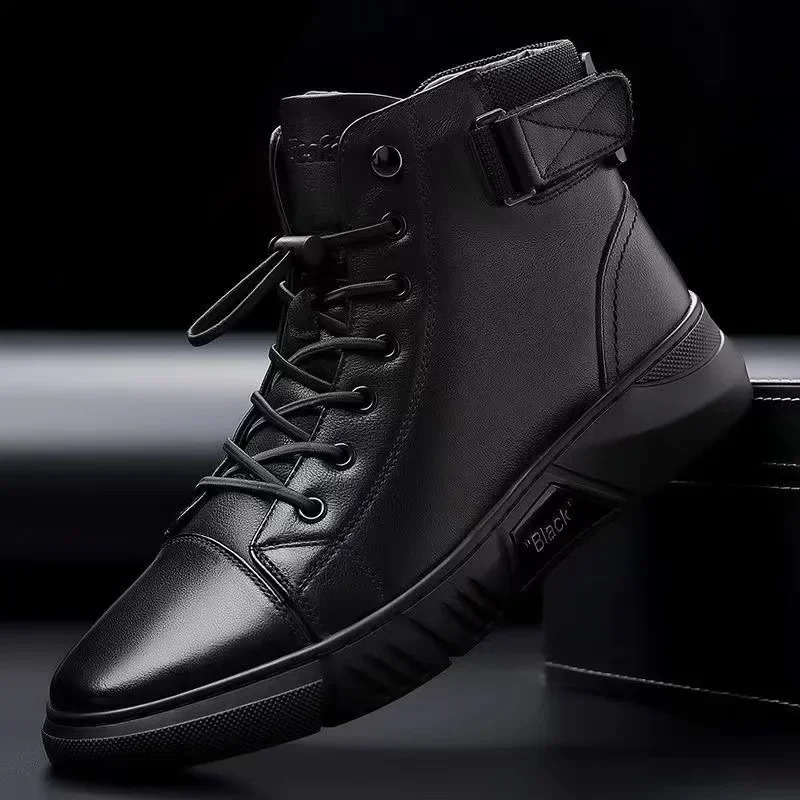 Mens Motorcycle Boots Comfortable Platform Boots Men Outdoor High Top Leather Boots Fashion Comfortable Waterproof Men Shoes 240607