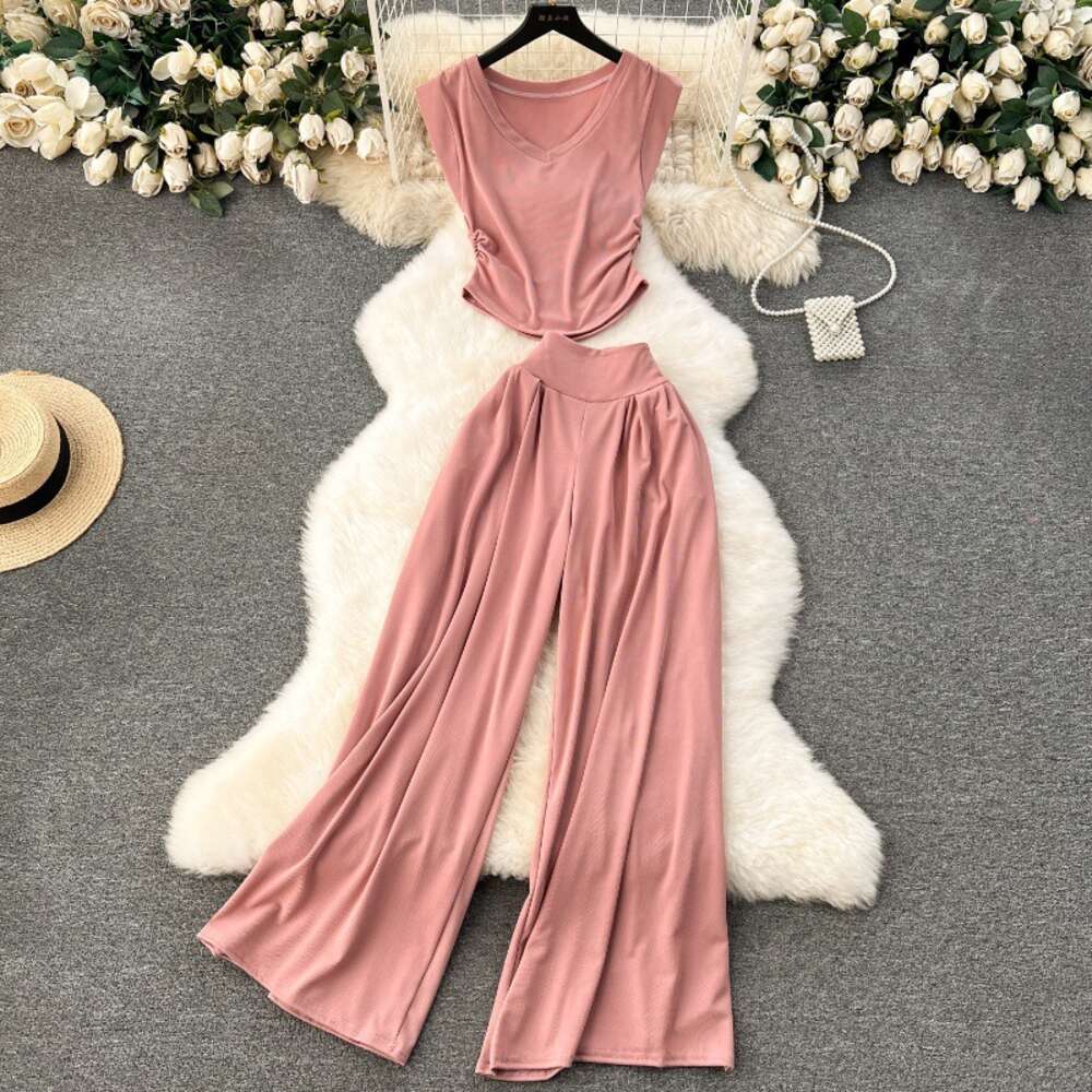 Chic Casual Set Womens Mind Machine Pleated Waist Short Top Versatile High Waist Wide Leg Pants Two Piece Set Trendy