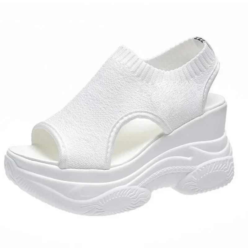 Summer Knitted Fish-mouth Shoes Fairy Wind Cake Sole High Heel Flying Weave Slope Heel Thick Sole Sports Womens Sandal 240528