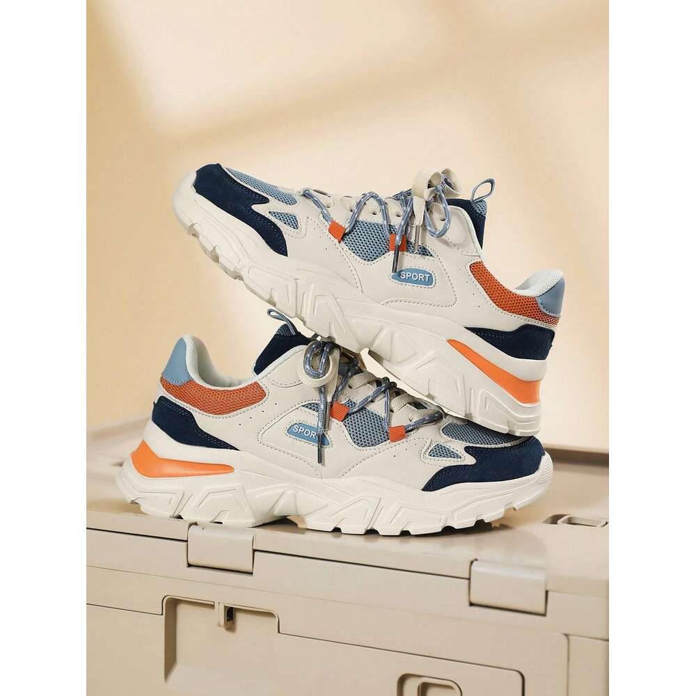 Men's Double Lace-up Unique Front Tie Design Peculiar Color Blocking Thick Bottom Chunky Sneakers