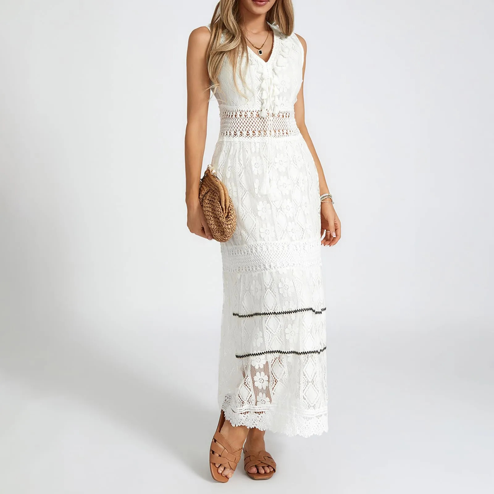 Boho Dress Women Summer Sleeveless Dress Female Solid Lace V Neck Sundress Ladies Hollow Out Beach Dress Vestidos De Mujer 240529