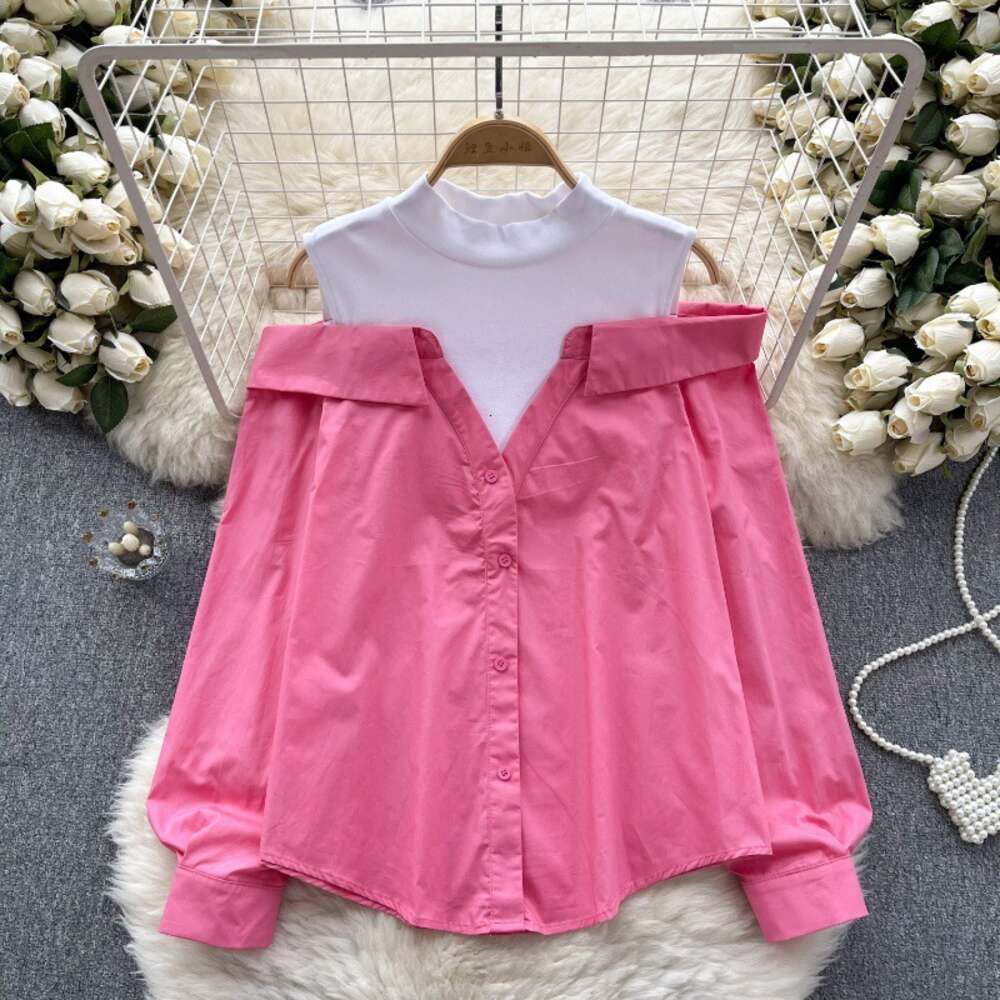 French haute couture fake two-piece long sleeved shirt womens patchwork loose and slimming contrasting color design off the shoulder top