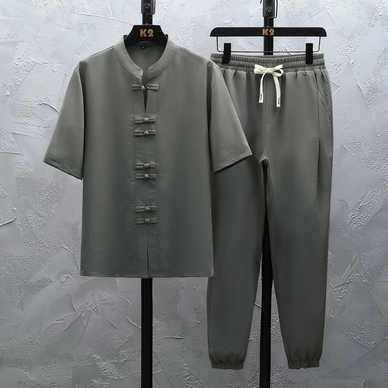 Cotton Linen Shirtspants Sets Summer Sportswear Mens Casual Spring Male Fashion Trousers and Shirts Men Size M-5XL 240530
