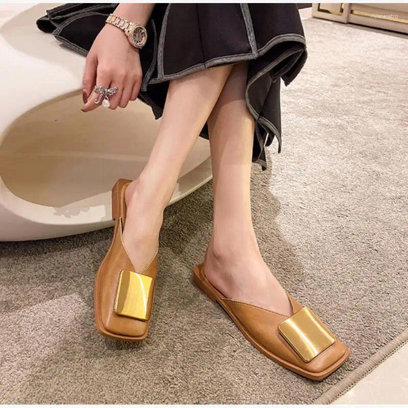 Slippers Designer Women Fashion Metal Buckle Mules Heels Square Toe Shallow Shoes Outdoor Slide Female Casual Sandal