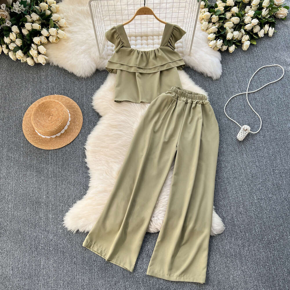 Korean style vacation style set for women with sweet flying sleeves ruffled top loose and slimming wide leg pants two-piece set