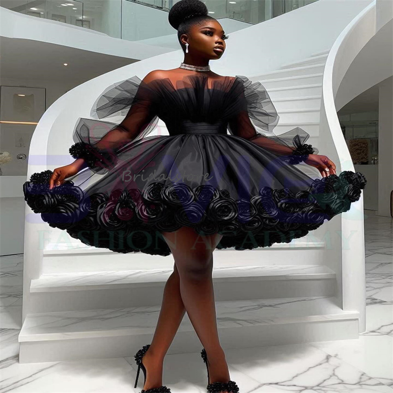 Gorgeous Short Prom Dresses Puffy Elegant Off Shoulders Long Sleeve Aso Ebi Rose Florals Evening Dress African Cocktail Dress Formal Birthday Ceremony