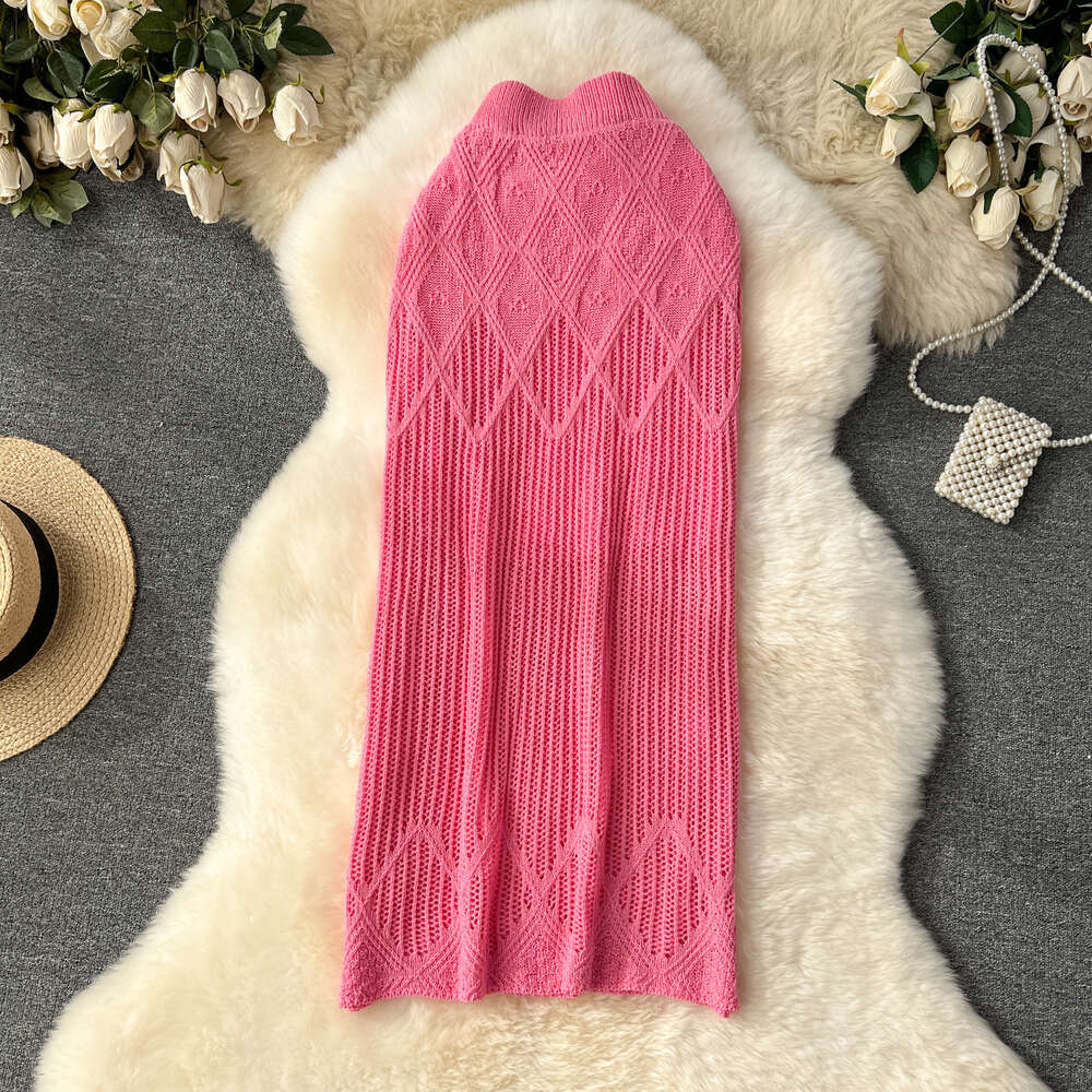 Korean version of womens clothing design with diamond grid hollow knit skirt womens high waisted and slim mid length solid color buttocks wrapped skir