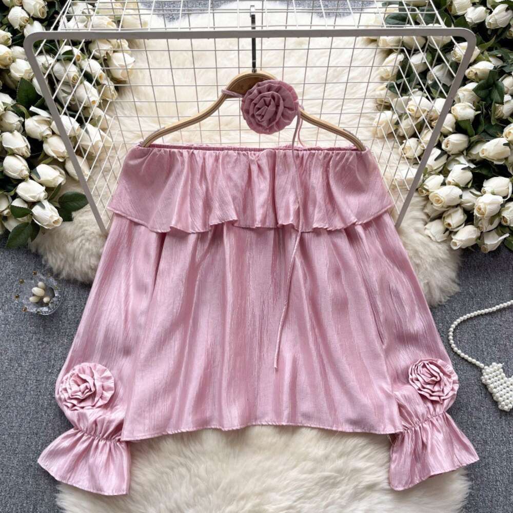 French Chiffon Shirt Womens Sweet Ruffle Edge One line Neck Off Shoulder Design with Three Dimensional Flower Bubble Sleeve Top Womens Spring