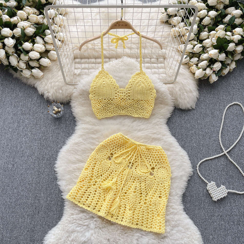 Beach resort style knitted camisole strapless hollowed out small vest+high waisted skirt spicy girl two-piece set for women
