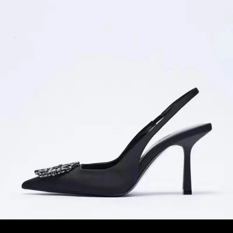 High-heeled Sandal A Word Back Trip with Rhinestone Decorated Bao Head Sandal Pointed Single Shoe Shallow High Heels Women 240528