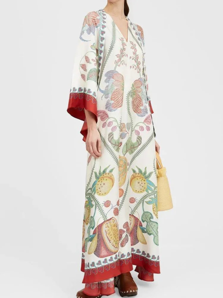 Vintage Print Spliced Maxi Dress With Ribbon Women Casual V Neck Flare Long Sleeve Dresses 2024 Summer Lady Elegant Party Robes 240603