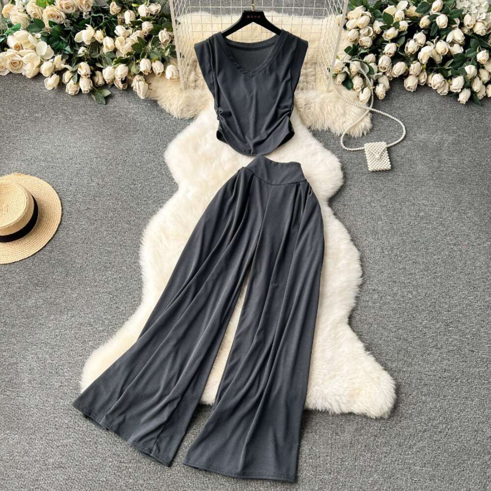 Chic Casual Set Womens Mind Machine Pleated Waist Short Top Versatile High Waist Wide Leg Pants Two Piece Set Trendy
